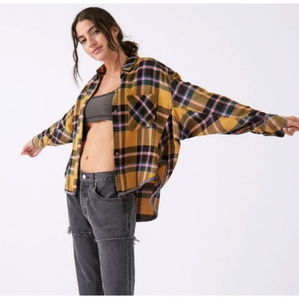 BDG Shirt Womens Medium Yellow Plaid Karl Slouchy Oversized Flannel Grunge